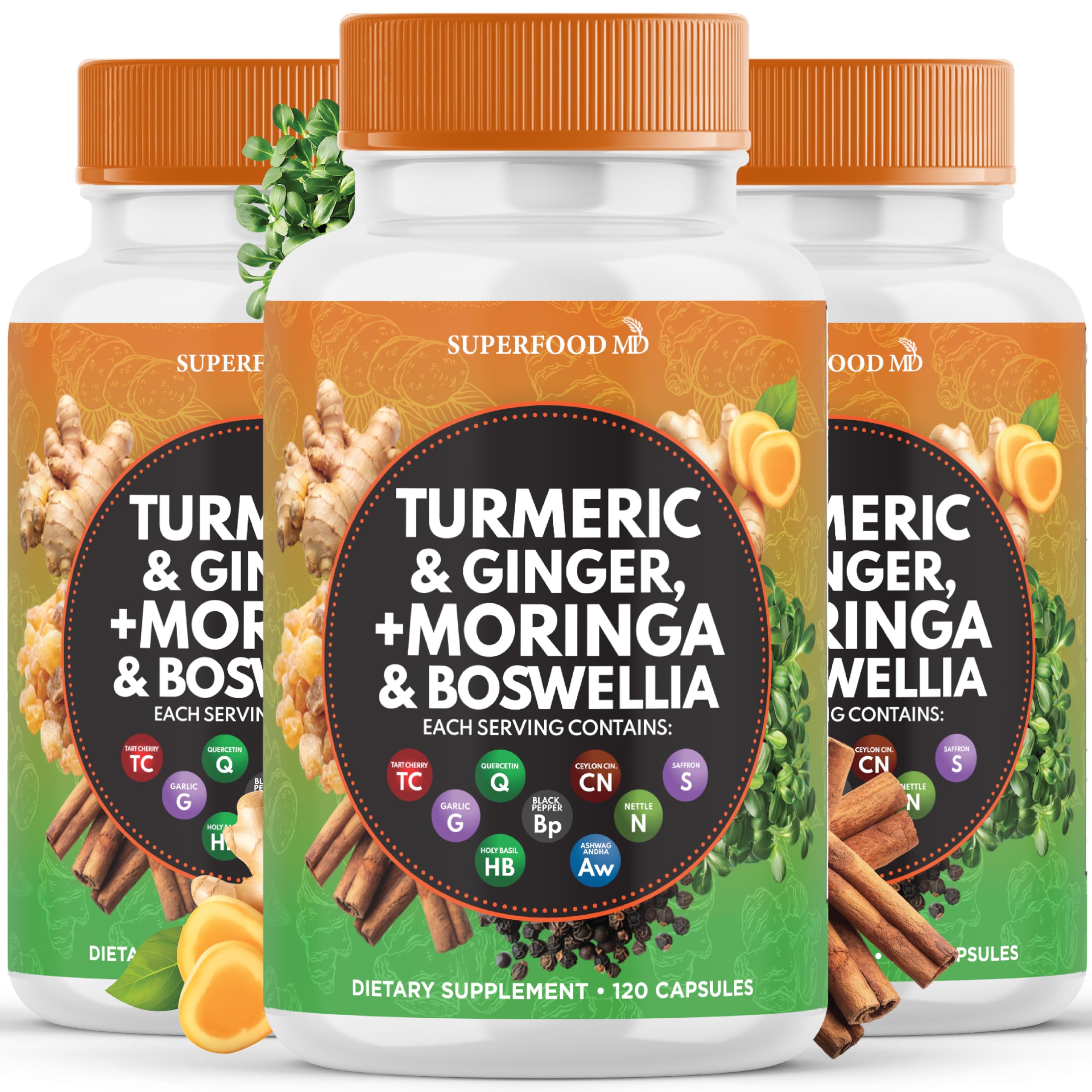Superfood MD Turmeric Moringa bottle front showing joint support potential