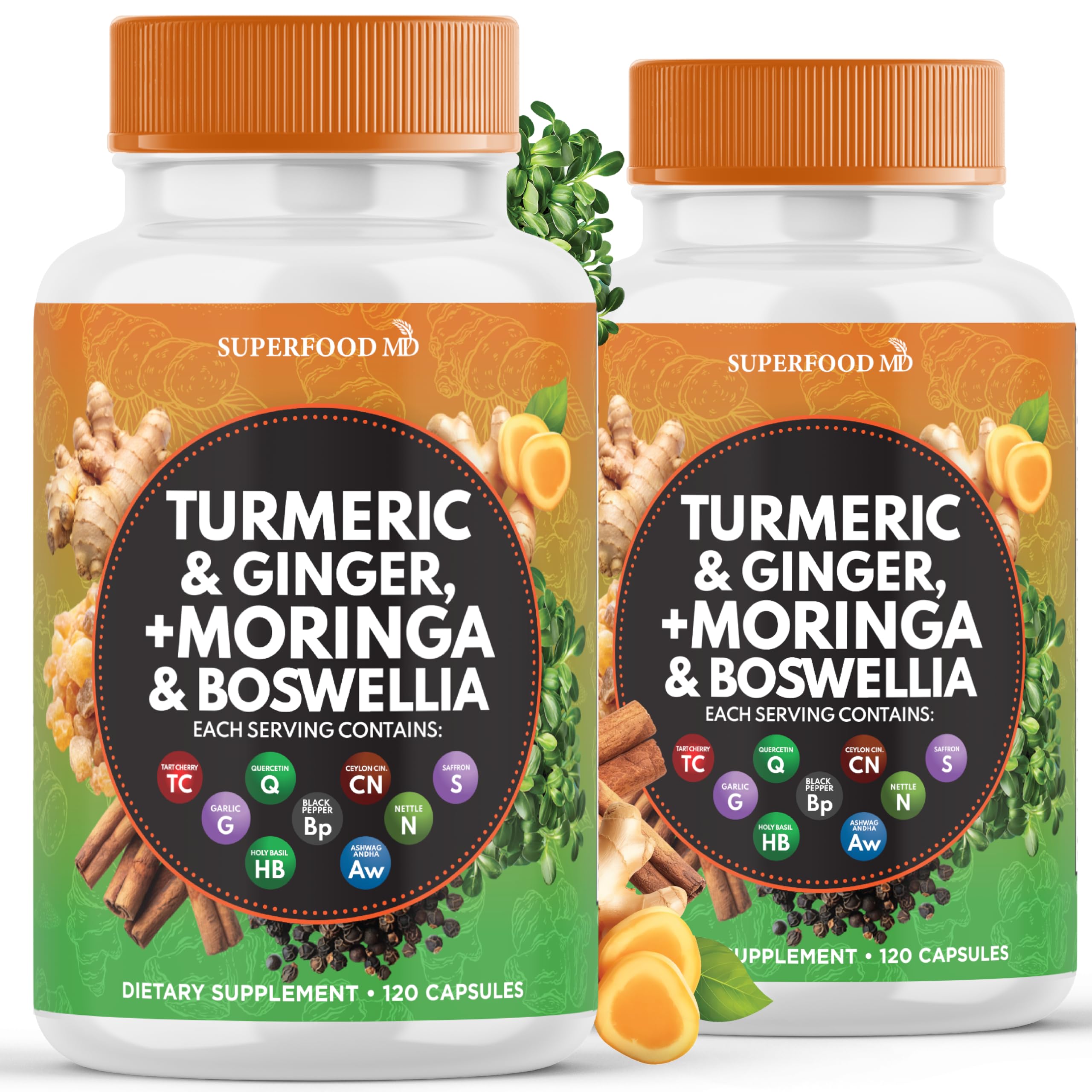 Superfood MD Turmeric Moringa bottle illustrating an all-in-one daily supplement.