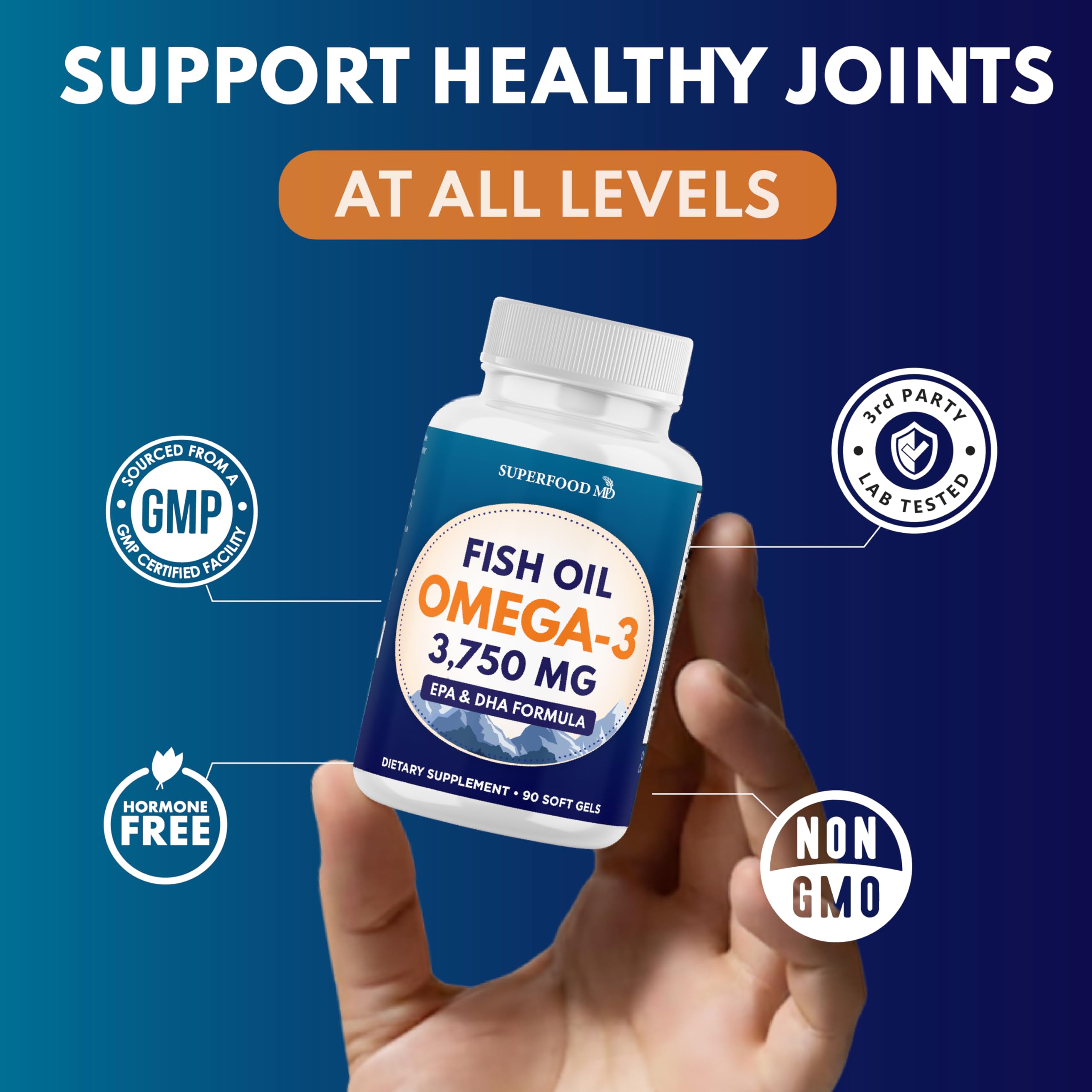 Superfood MD USA made Non-GMO omega-3 bottle with clear label