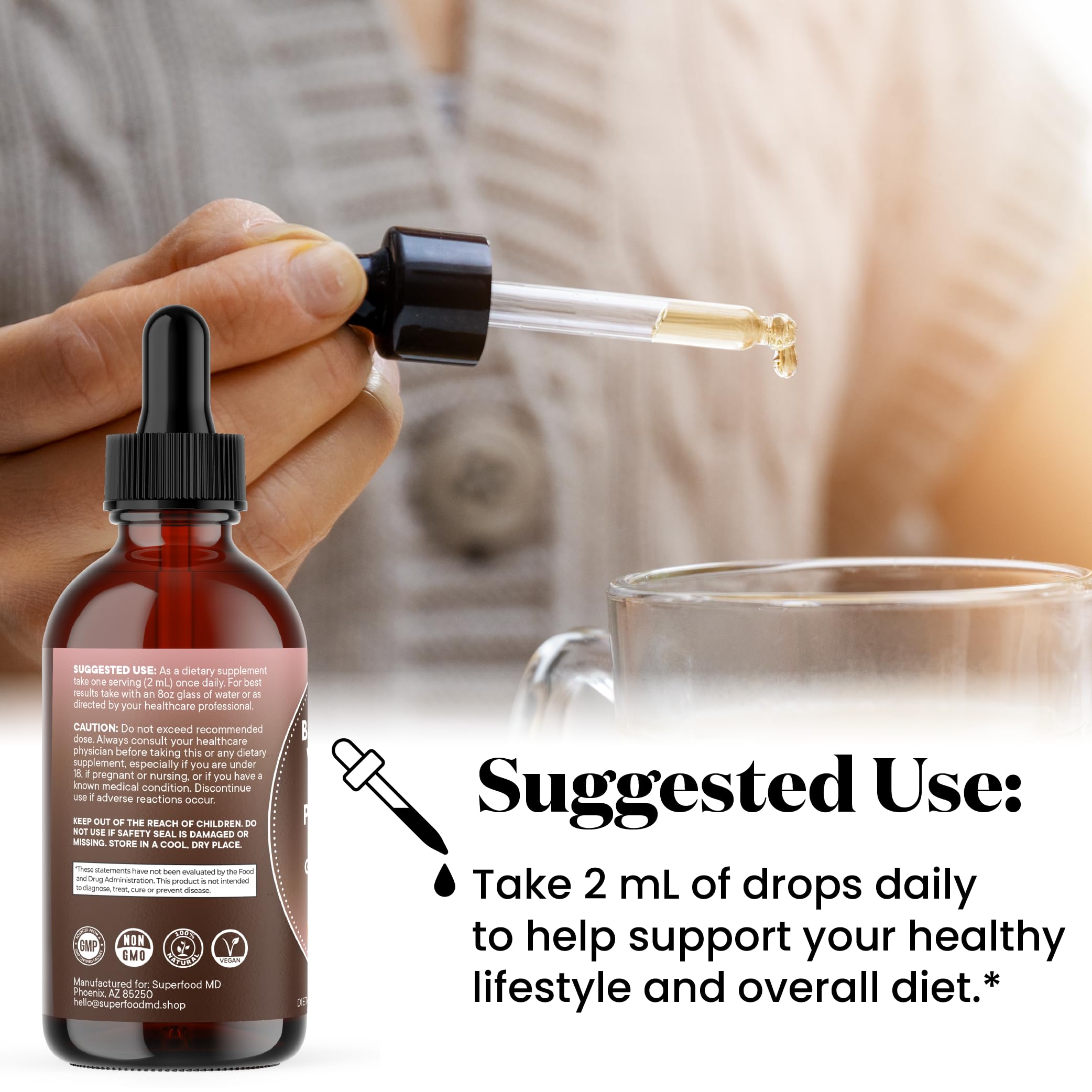 Usage glass with tincture drops in water for convenient consumption.