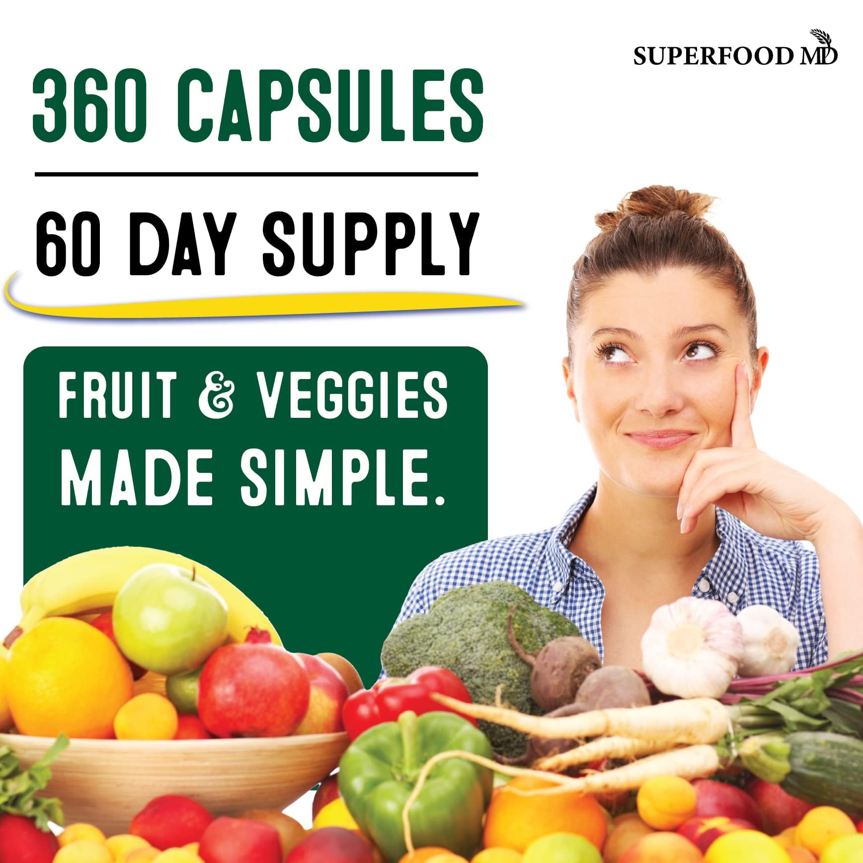 Vegan symbol on Superfood MD packaging indicating plant-based ingredients.