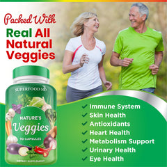Label highlights a blend of leafy greens and beta carotene from vegetables.
