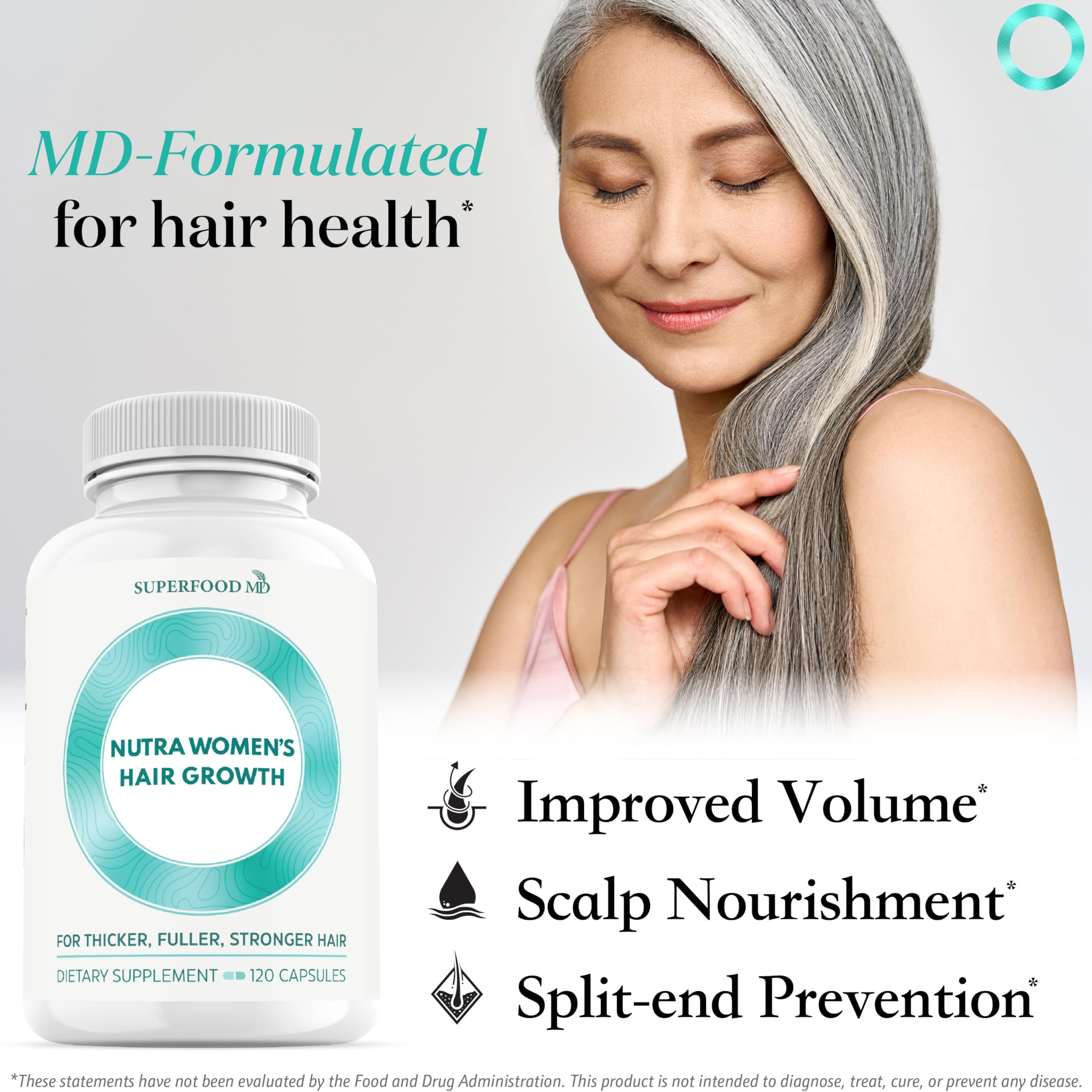 Superfood MD Women's Balance capsules close-up shows compact capsules supporting hair growth potential.