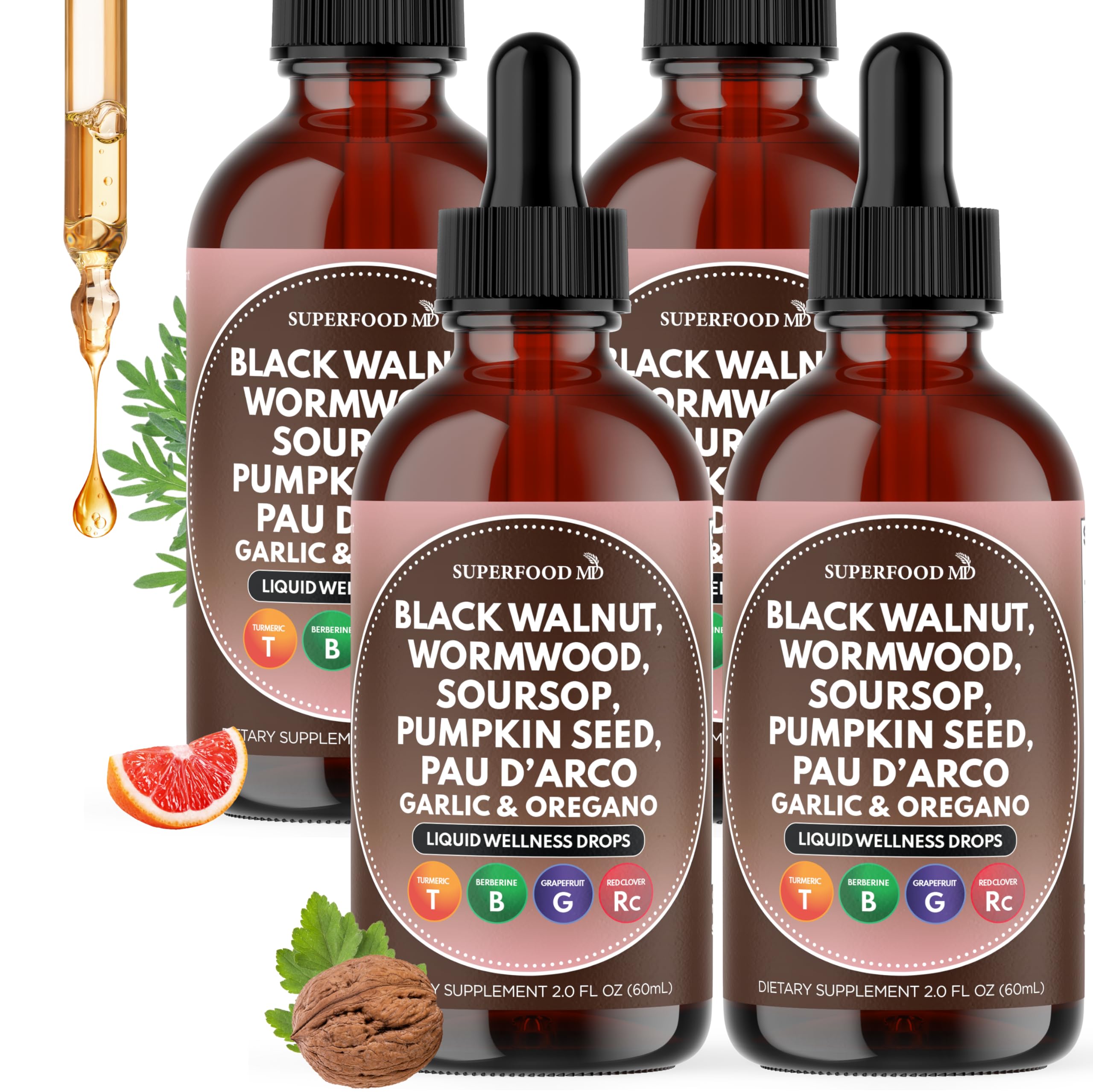 Superfood MD Wormwood Black Walnut Cleanse bottle pour for easy dosing in daily routine.