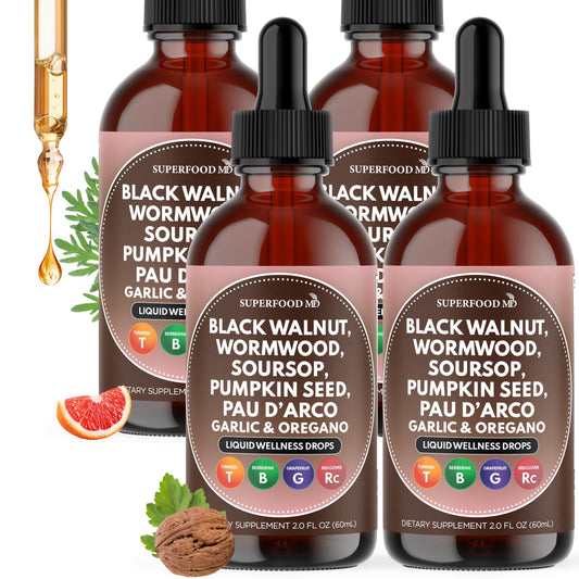 Superfood MD Wormwood Black Walnut Cleanse bottle pour for easy dosing in daily routine.