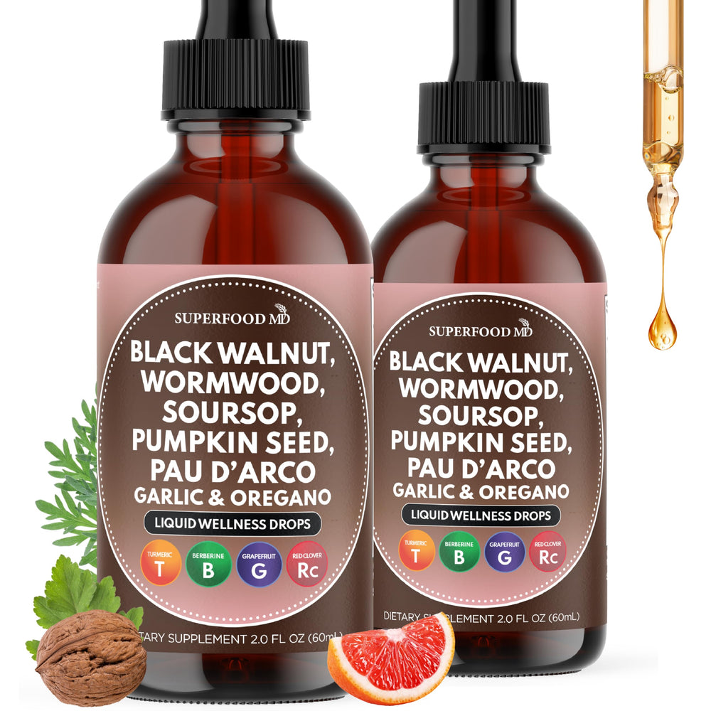 Superfood MD Wormwood Black Walnut Cleanse Drops bottle with garlic for digestive support