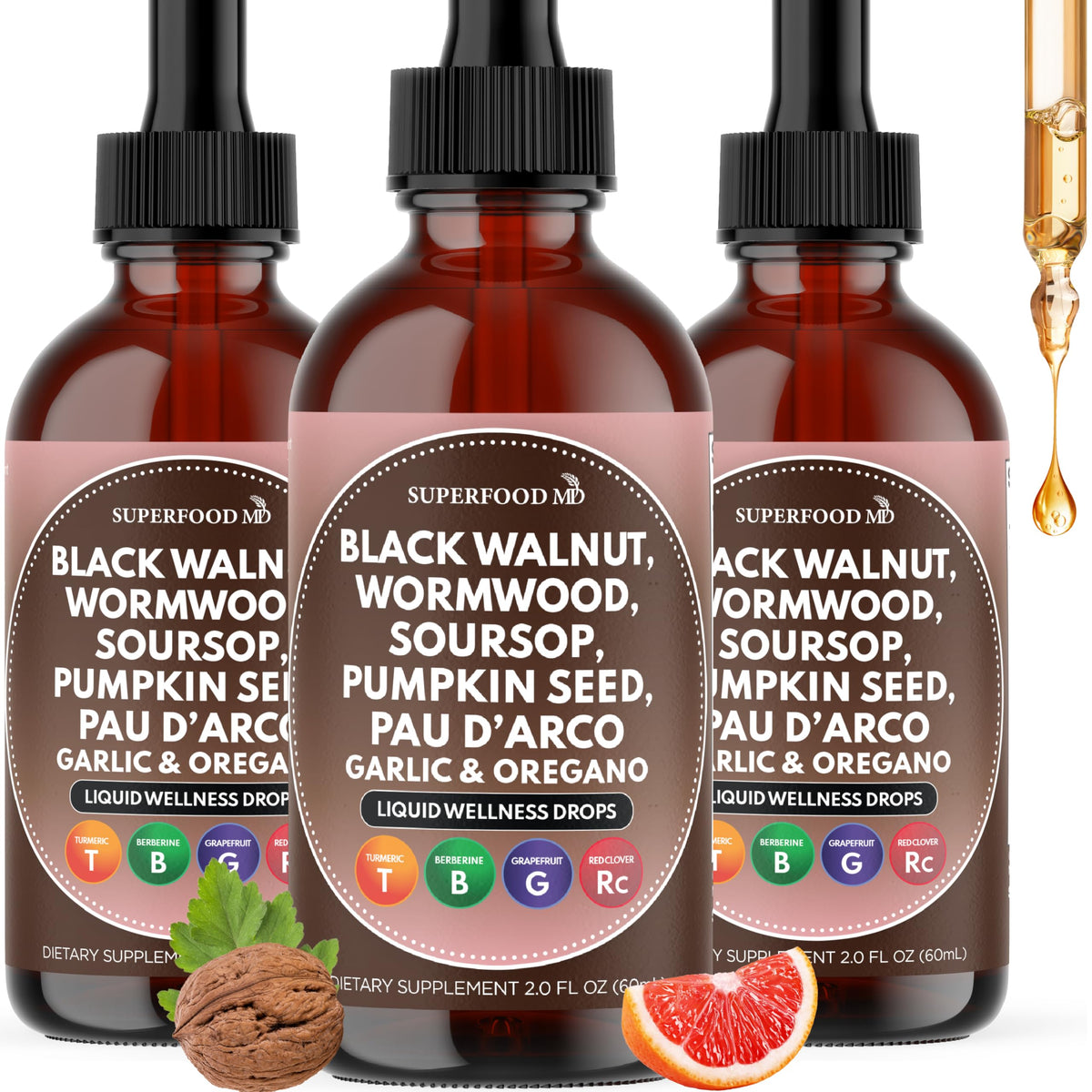 Superfood MD Wormwood Walnut Cleanse bottle front label for gentle digestive balance.