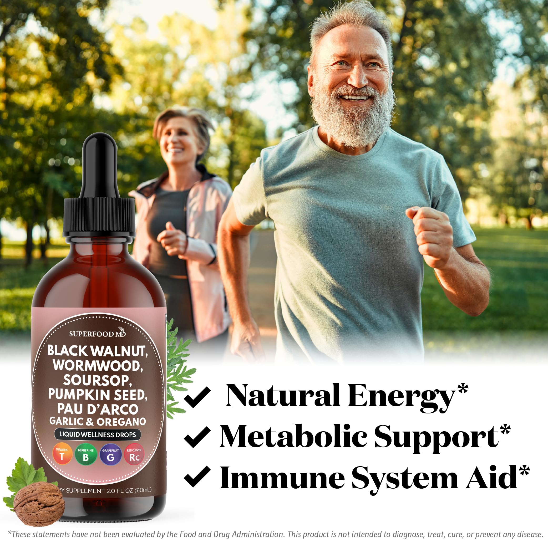 Dropper-pour shot of Superfood MD Wormwood Walnut Cleanse for easy daily use.
