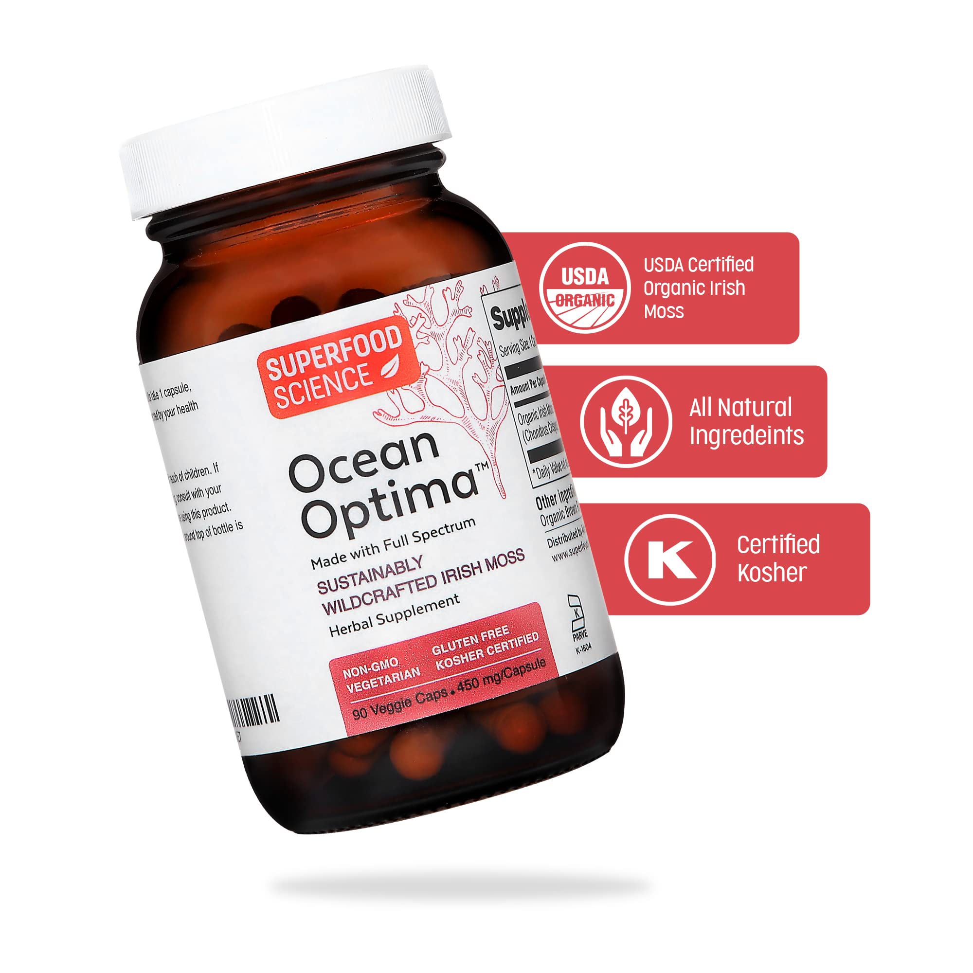 Vegan and gluten-free badge displayed beside Ocean Optima bottle.
