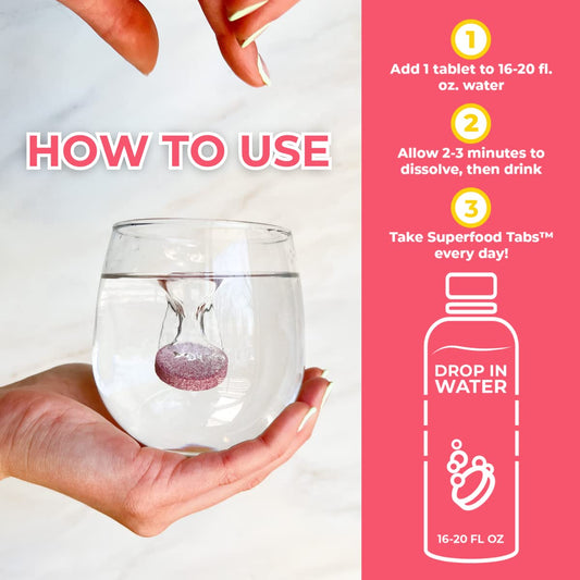 Superfood Tabs detox bottle label highlights 15 superfoods and vegan formula.