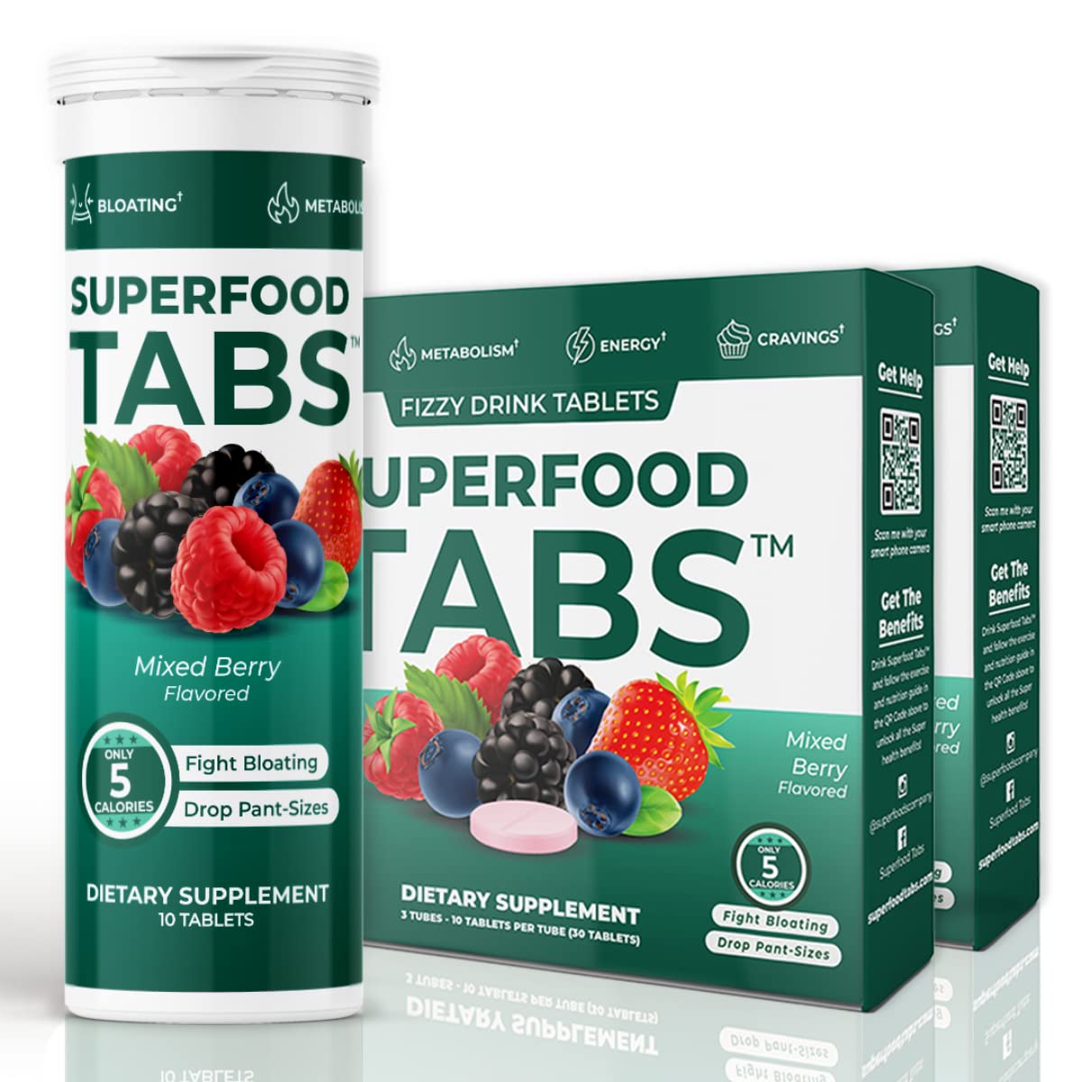 Superfood Tabs detox bottle pour showing mixed berry flavor and cleanse support