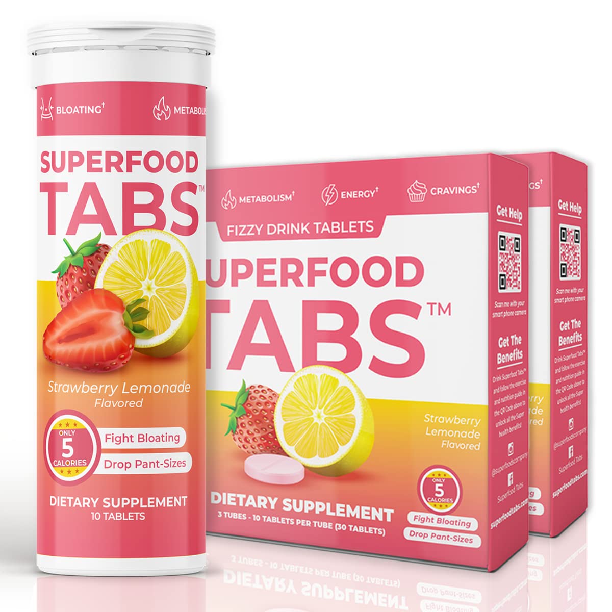 Superfood Tabs detox bottle pour showing convenient hydration with strawberry lemonade flavor.