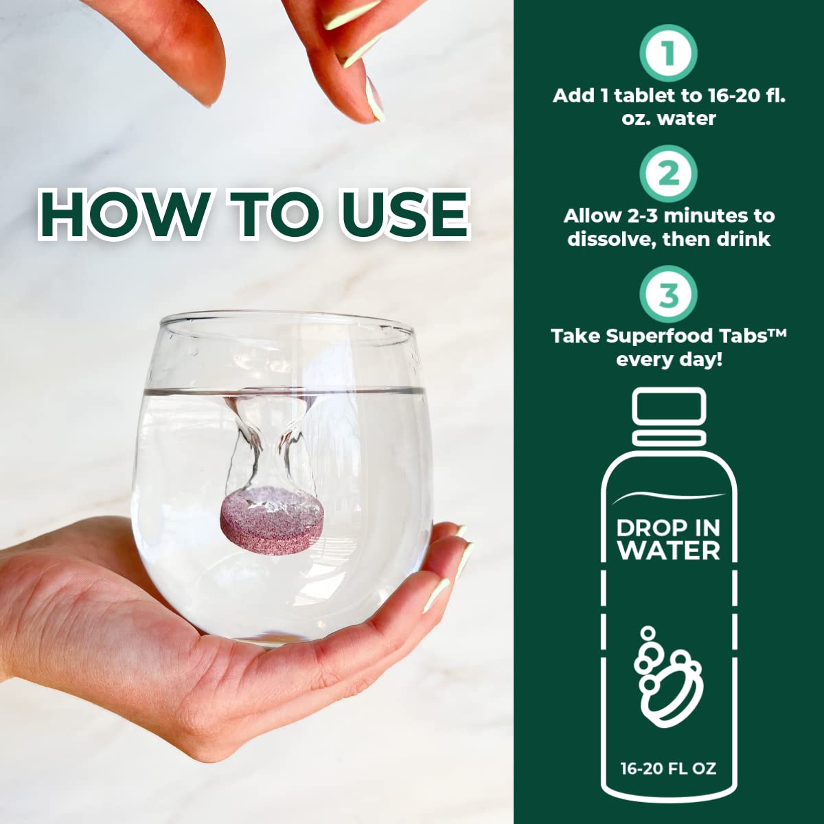 Superfood Tabs dissolving tablet in water for a zero sugar detox sip