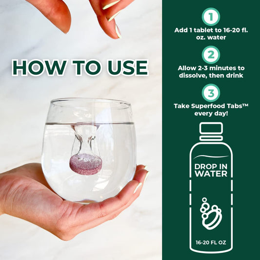 Superfood Tabs dissolving tablet in water for a zero sugar detox sip