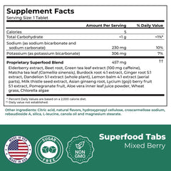 Superfood Tabs digestive health visual suggests bloating relief with consistent use.