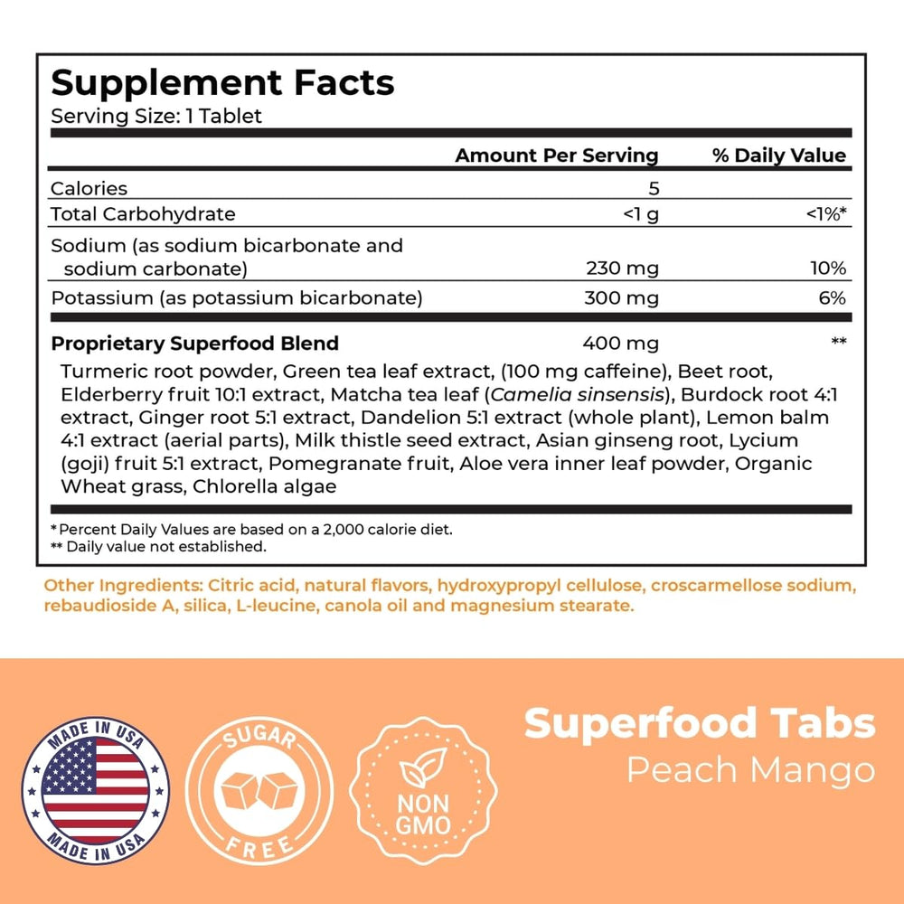 Superfood Tabs glass with fizz emphasizes a light, sugar-free indulgence.