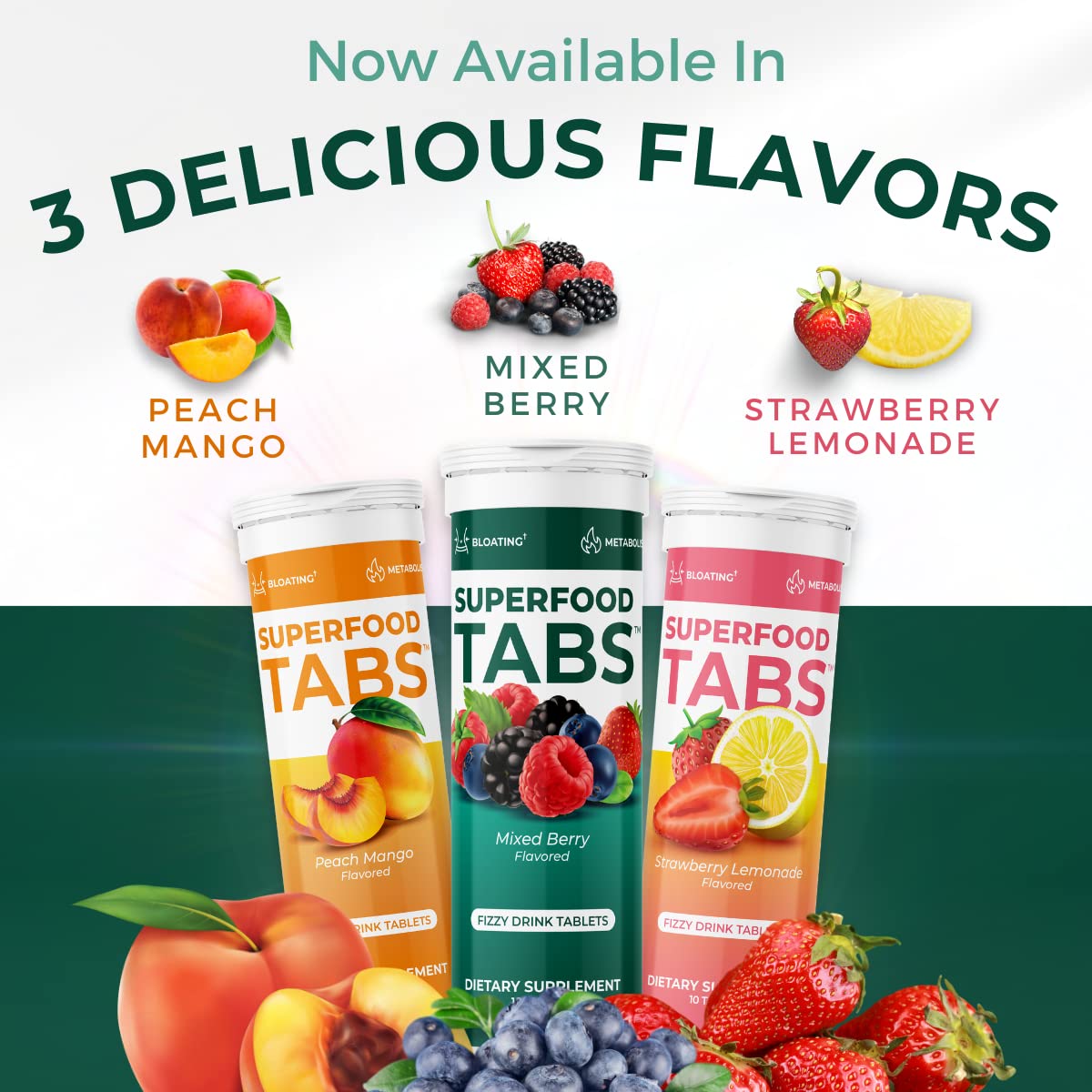 Superfood Tabs ingredients map visual highlights superfoods and gut-supporting components.