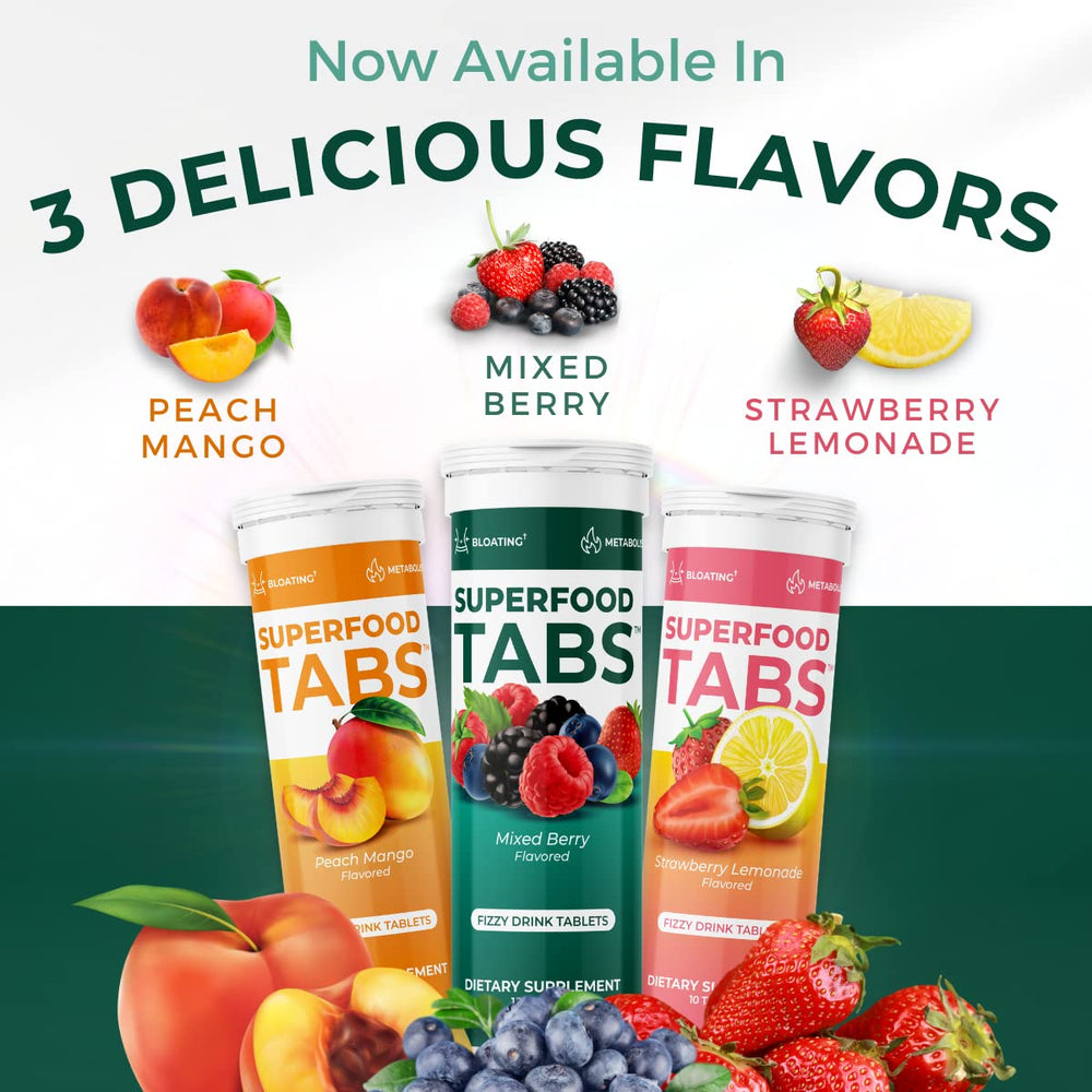 Superfood Tabs ingredients map visual highlights superfoods and gut-supporting components.