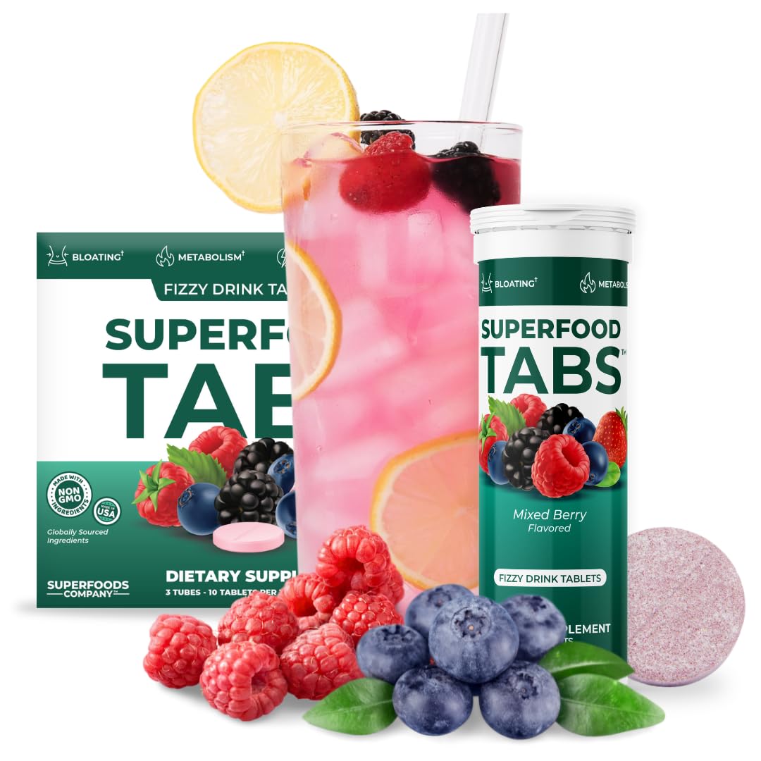 Superfood Tabs morning routine scene with glass of water suggests easy daily habit.
