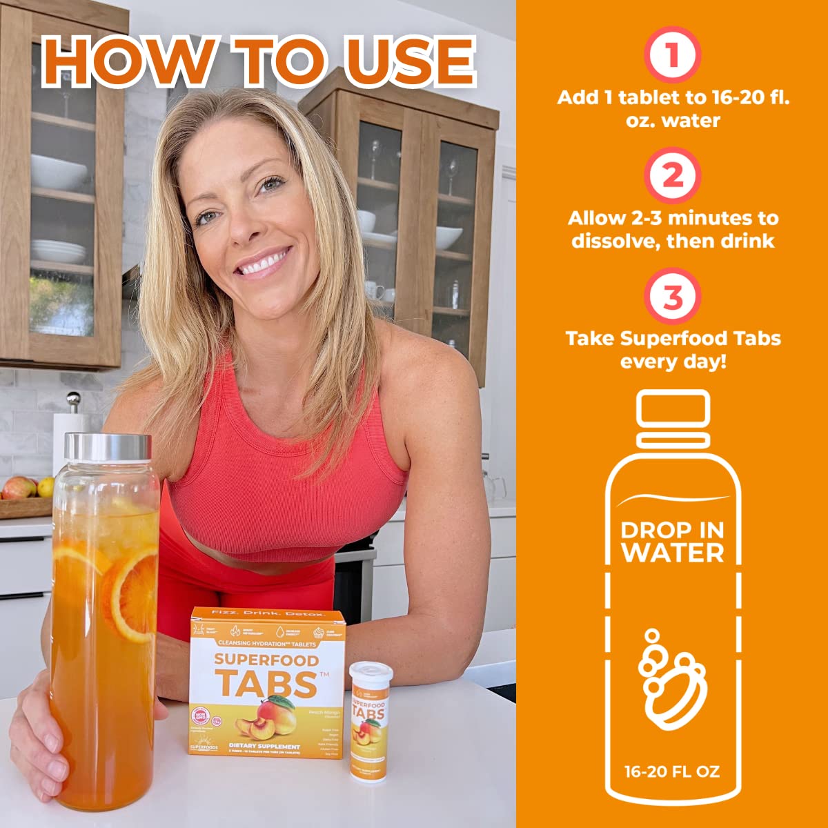 Superfood Tabs Peach Mango dissolve demonstrates a vibrant, refreshing beverage.