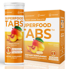 Superfood Tabs Skinnytabs bottle being poured for refreshing peach mango hydration.