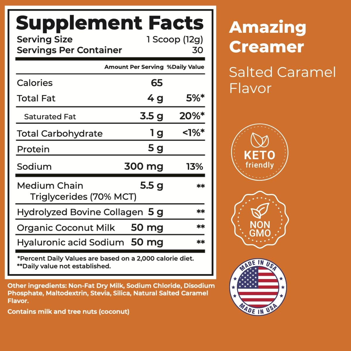 Ingredients panel highlights collagen, MCT oil, hyaluronic acid