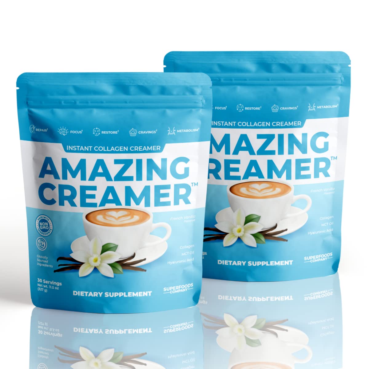 Superfoods Company Amazing Creamer being poured into coffee for a creamy vanilla boost.