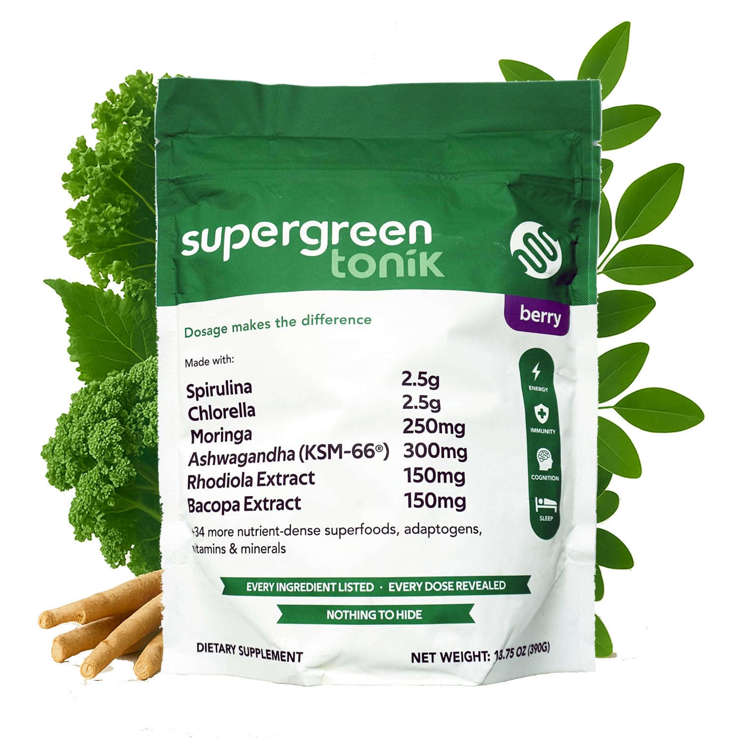 SUPERGREEN TONIK berry flavor tub showing 40 superfoods for daily energy