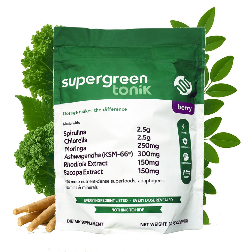 SUPERGREEN TONIK berry flavor tub showing 40 superfoods for daily energy