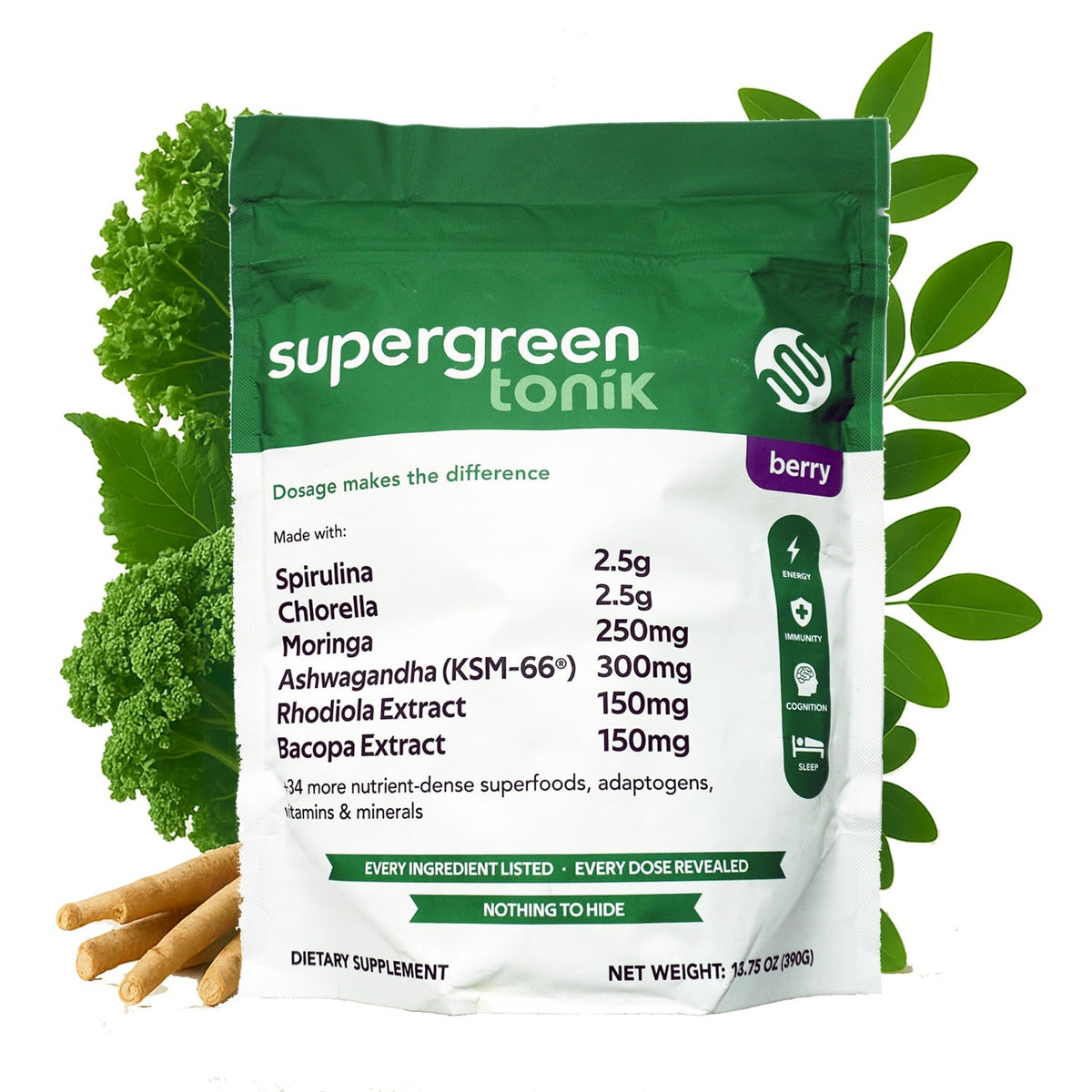SUPERGREEN TONIK berry flavor tub showing 40 superfoods for daily energy