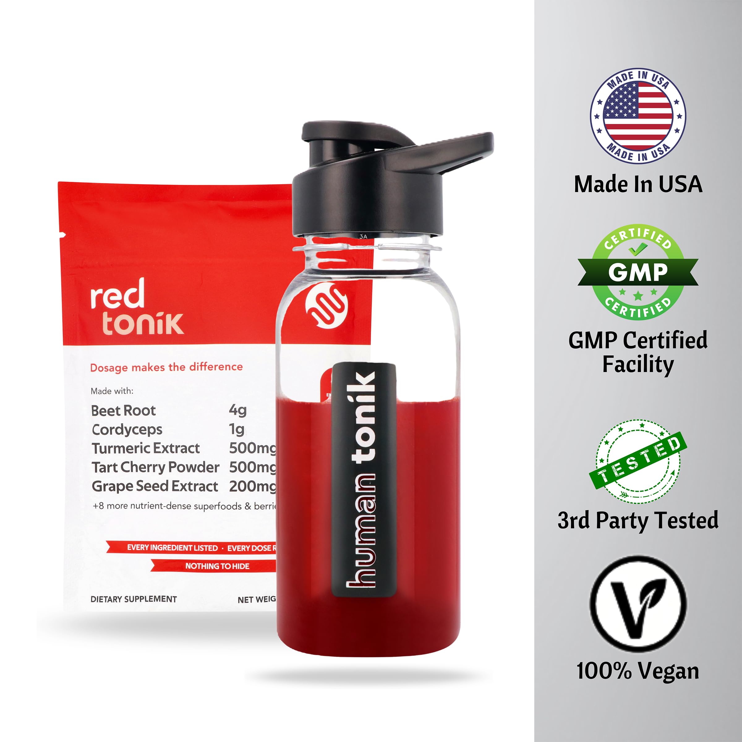 SUPERGREEN TONIK Ingredient illustration highlighting 13 plant-based components.