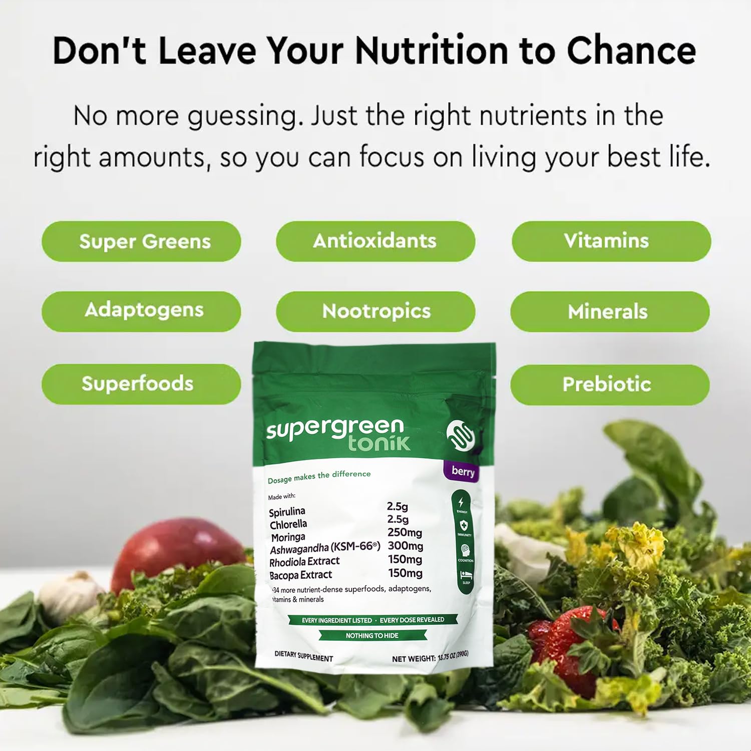Ingredient list highlights kale, ashwagandha, and other nutrients for daily wellness