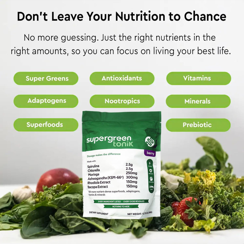 Ingredient list highlights kale, ashwagandha, and other nutrients for daily wellness