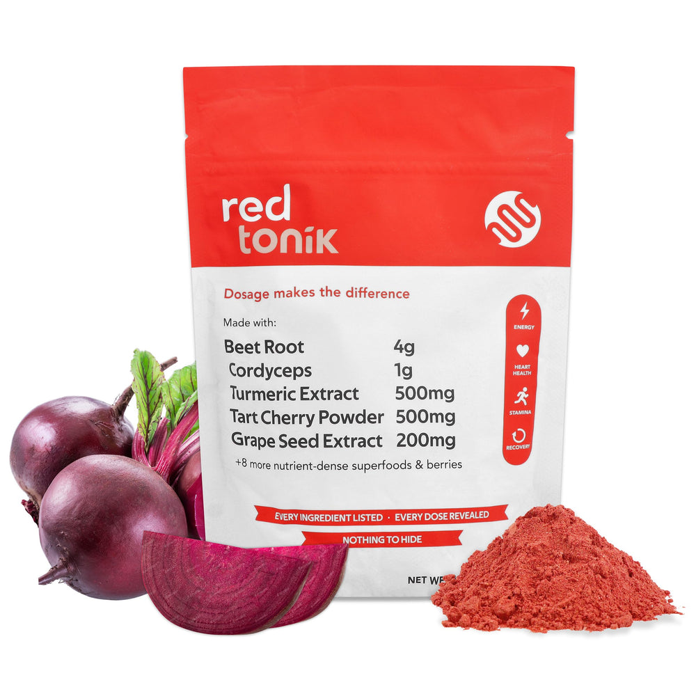 SUPERGREEN TONIK Red Tonik powder bottle ready for daily energy and focus.