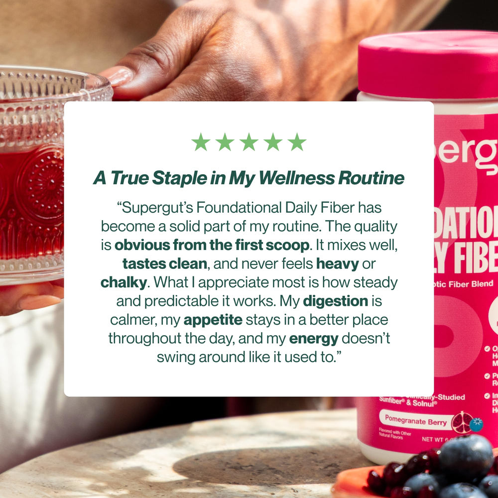 Fruit-topped bowl with Supergut Foundational Daily Fiber Powder mix