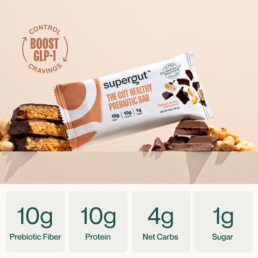 Close-up of Supergut GLP-1 bar with peanut butter chocolate, highlighting protein and prebiotic core.