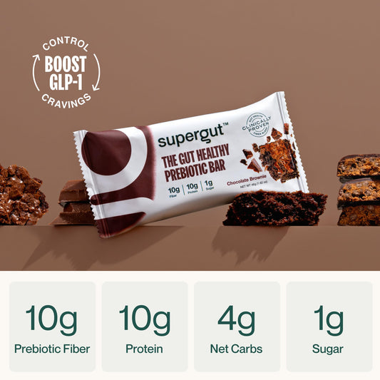 Supergut GLP-1 boosting bar chocolate brownie close-up highlighting texture and chocolate flavor for post-workout fueling.