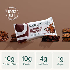 Supergut GLP-1 boosting bar chocolate brownie close-up highlighting texture and chocolate flavor for post-workout fueling.