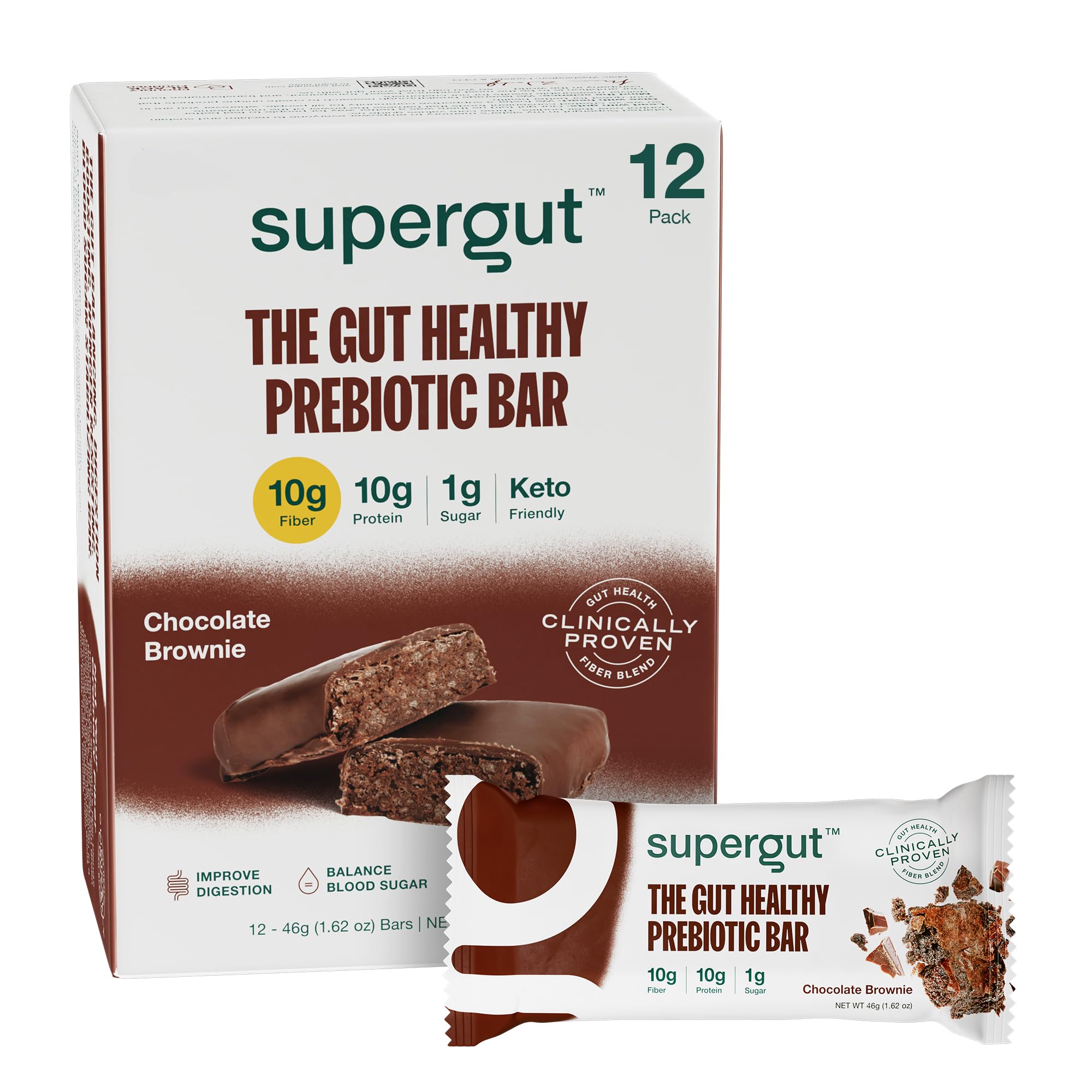 Supergut GLP-1 boosting bar chocolate brownie pack for on-the-go energy and craving-aware snacking.