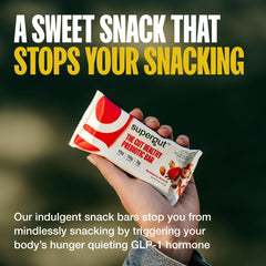 Supergut GLP-1 boosting bar serving on desk illustrates convenient nutrition between meals.