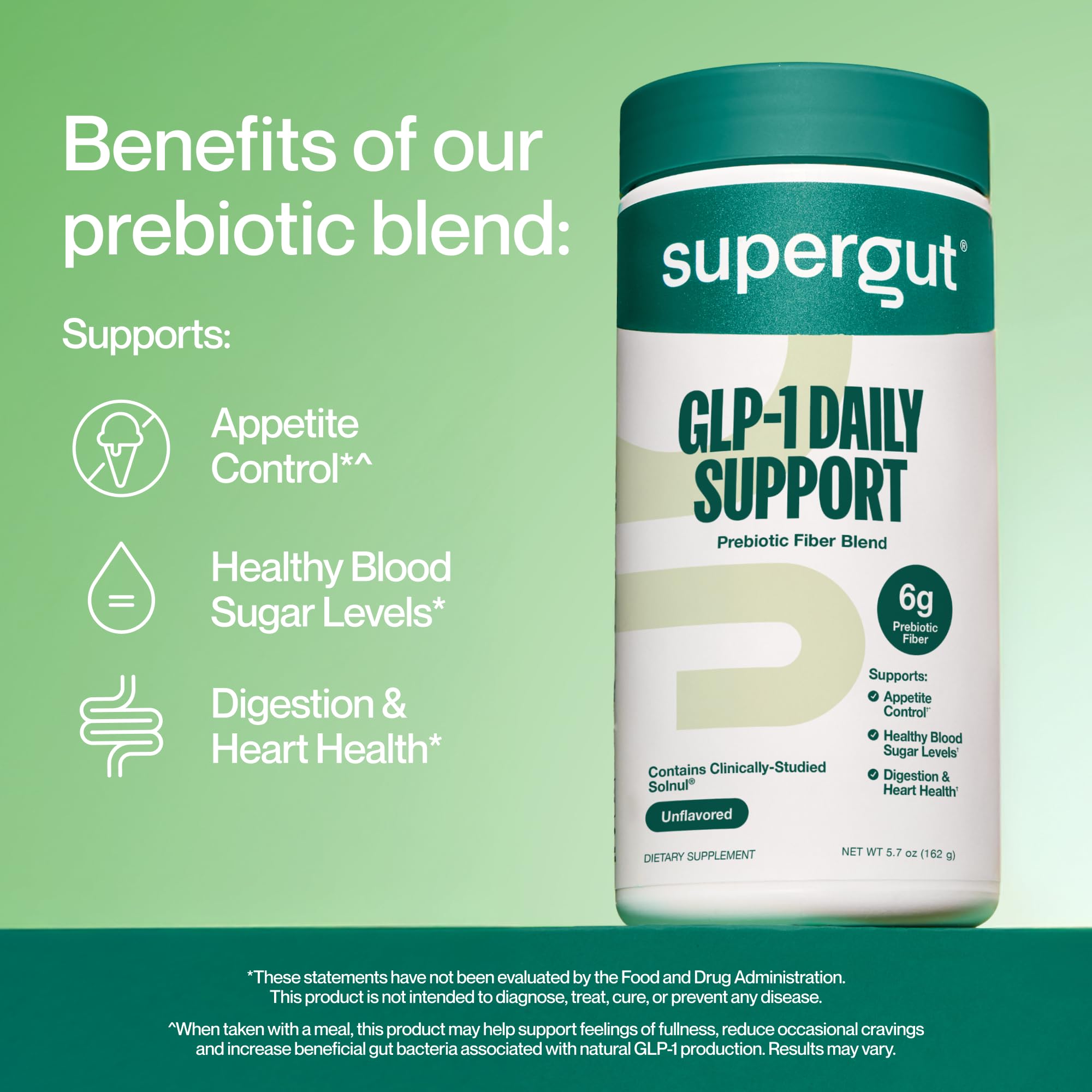 Supergut GLP-1 Daily Support bottle back reveals ingredients and sugar-free, low-calorie benefits.