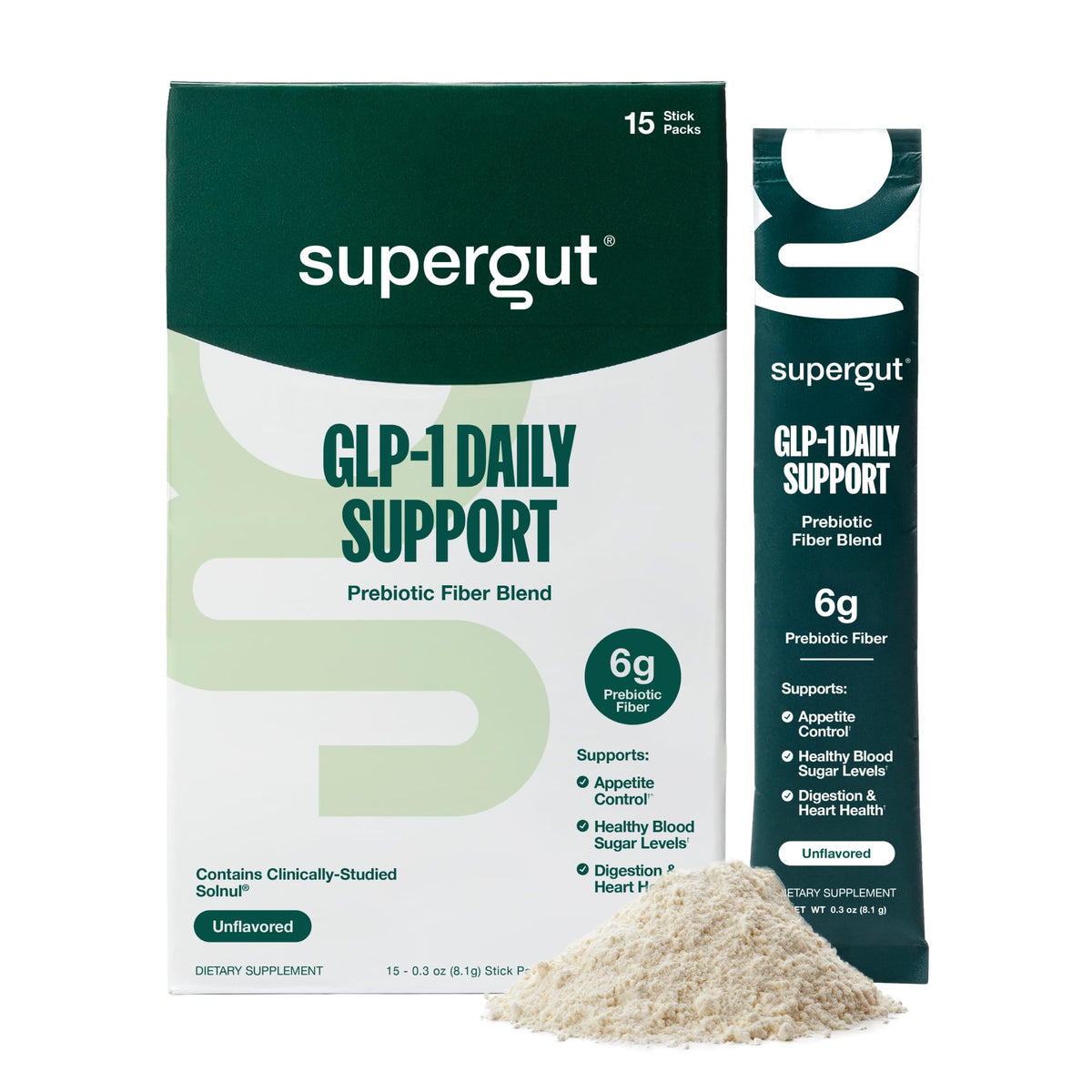 Supergut GLP-1 Daily Support bottle front showcases a fiber-rich formula for gut wellness.
