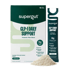 Supergut GLP-1 Daily Support bottle front showcases a fiber-rich formula for gut wellness.