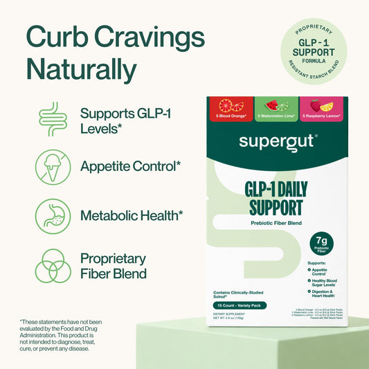 Supergut GLP-1 Daily Support powder scoop indicates convenient daily fiber servings.