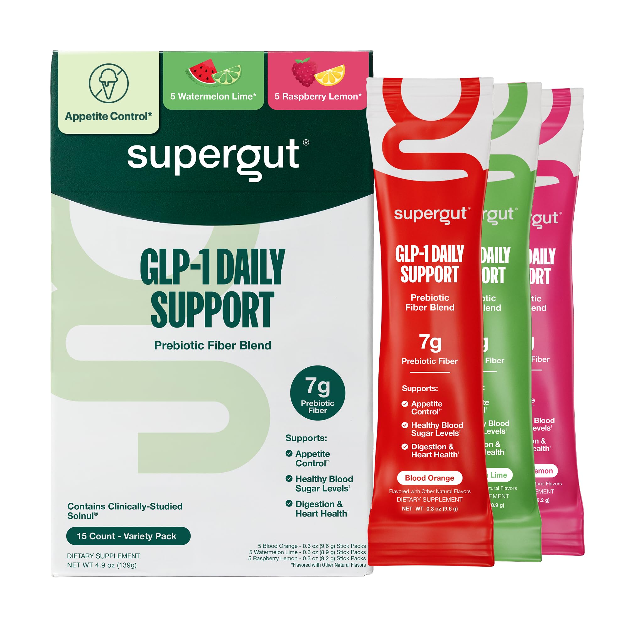 Supergut GLP-1 Daily Support bottle highlights high-fiber formula for digestion.