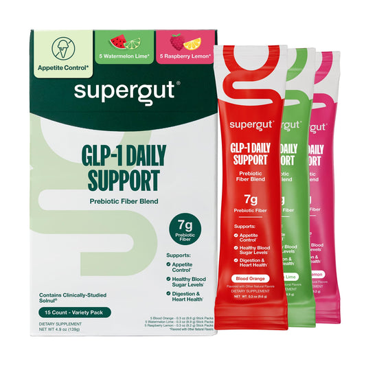 Supergut GLP-1 Daily Support bottle highlights high-fiber formula for digestion.