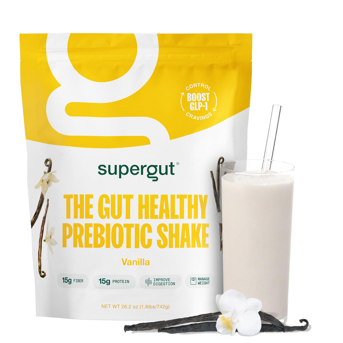 Supergut prebiotic shakes vanilla bottle promotes gut health and satiety.