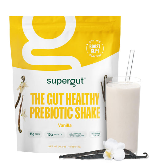 Supergut prebiotic shakes vanilla bottle promotes gut health and satiety.