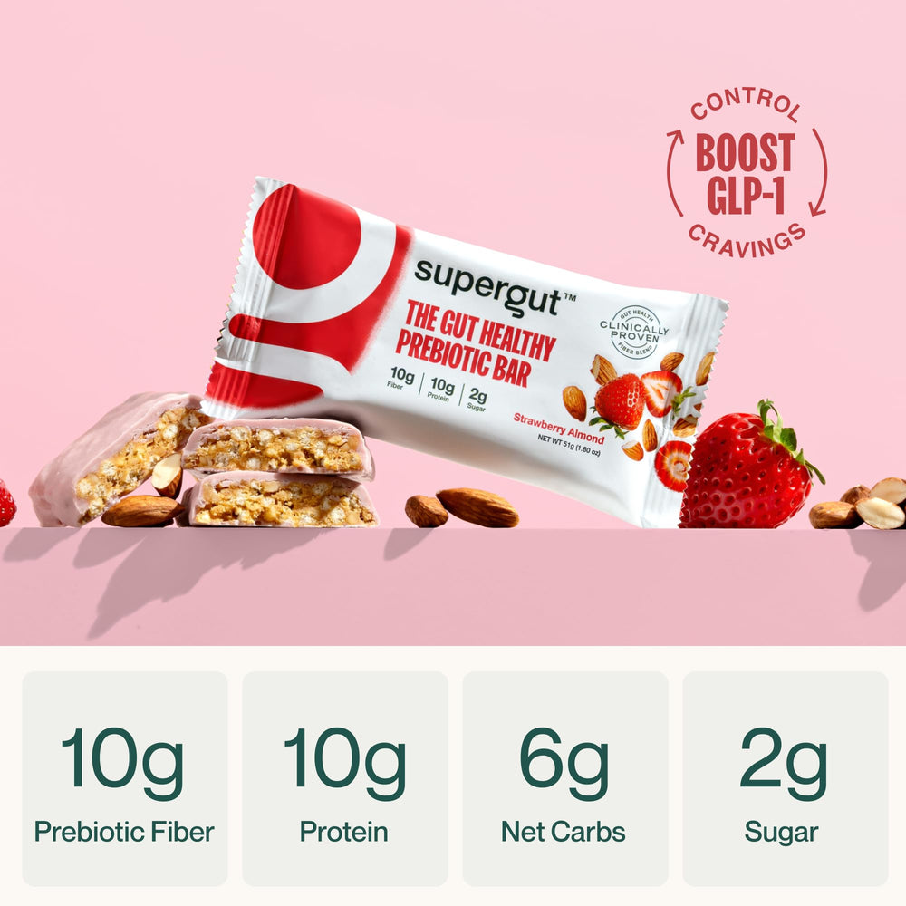 Supergut Strawberry Almond bar nutrition label emphasizes protein and fiber benefits.