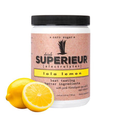 The Superieur Electrolytes Lola Lemon canister front shows keto-friendly hydration with plant minerals.